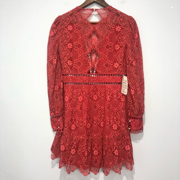Free People x Saylor Darragh Cutout Pearl Clasps Lace Mini Dress Rose Red Size M - Picture 4 of 14